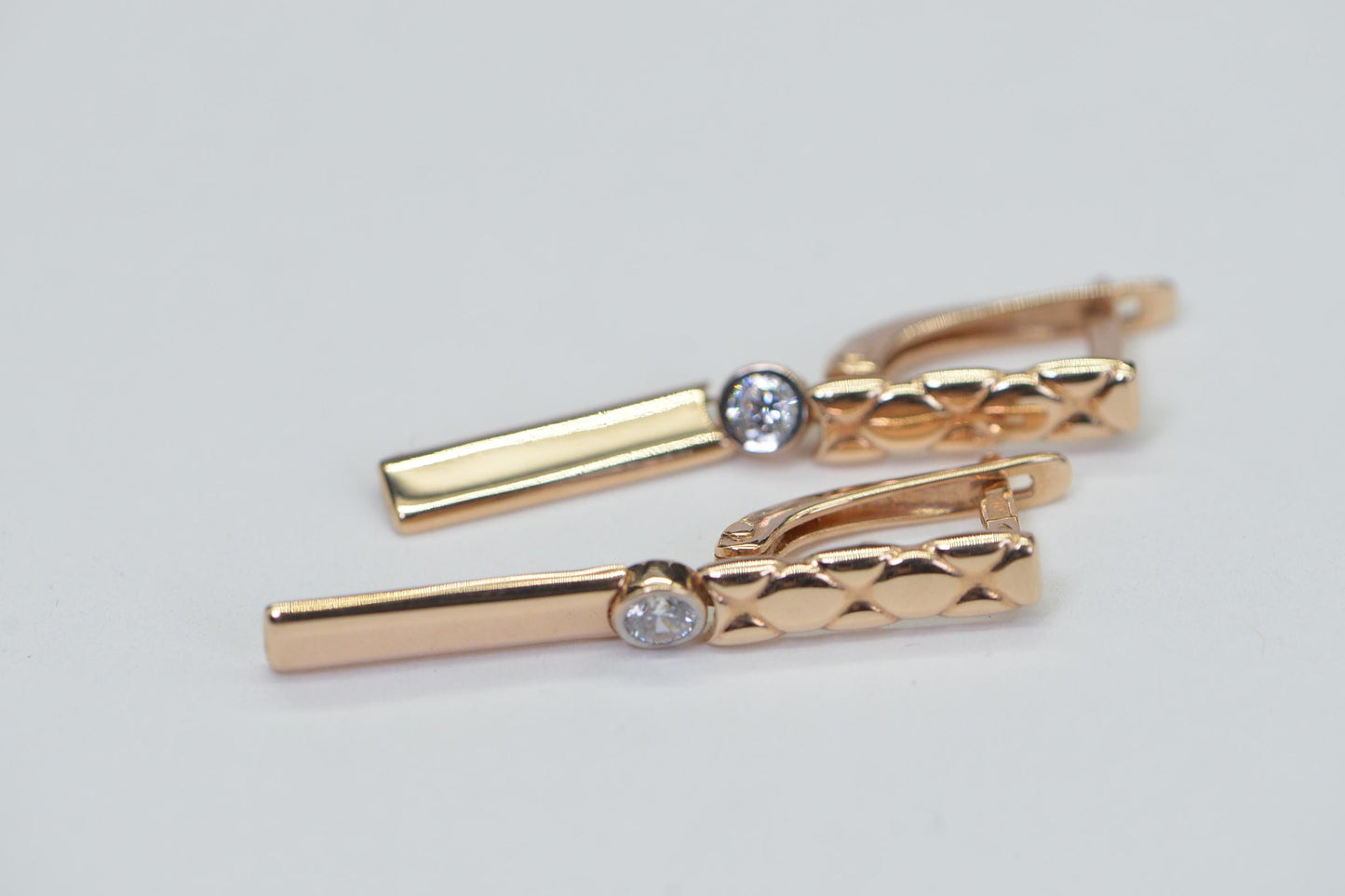 585K Rose Gold Dangle Earrings: Geometric Simulated Diamond Drop