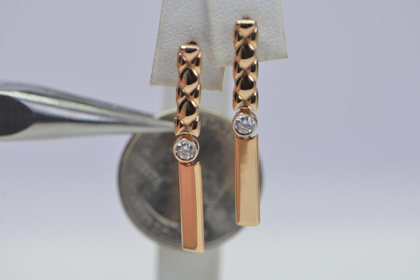 585K Rose Gold Dangle Earrings: Geometric Simulated Diamond Drop
