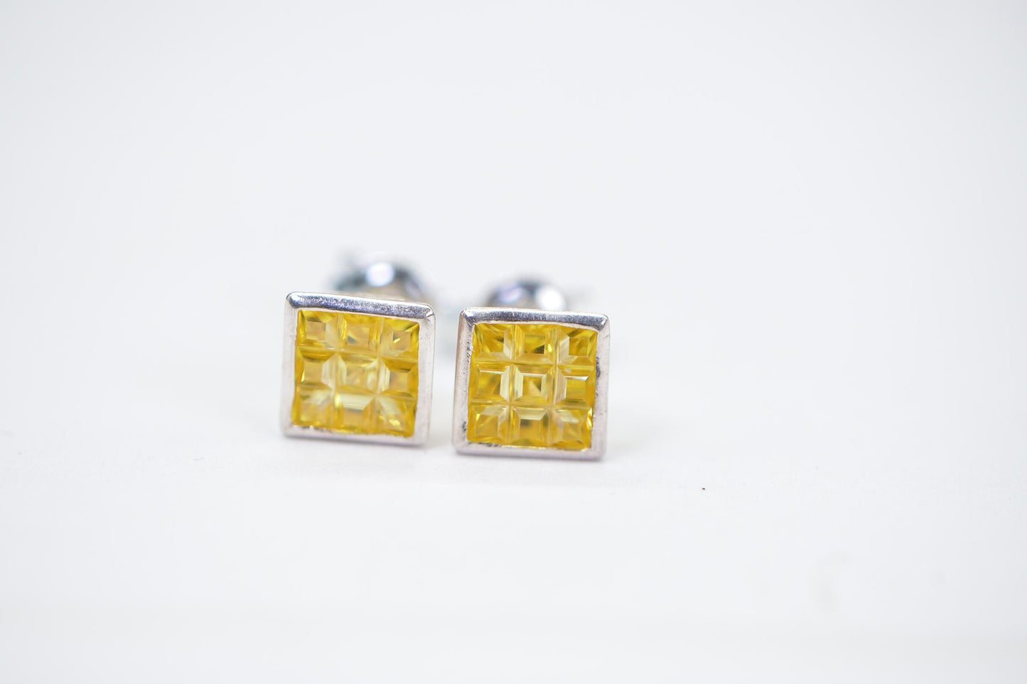 Yellow Crystal Princess Cut Stud Earrings: 14K White Gold Over Sterling Silver