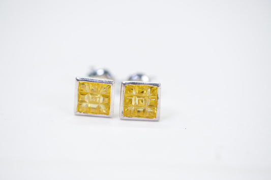 Yellow Crystal Princess Cut Stud Earrings: 14K White Gold Over Sterling Silver