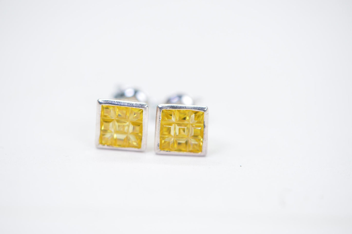 Yellow Crystal Princess Cut Stud Earrings: 14K White Gold Over Sterling Silver