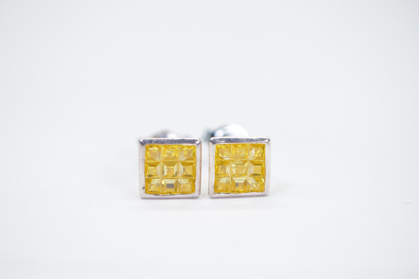 Yellow Crystal Princess Cut Stud Earrings: 14K White Gold Over Sterling Silver