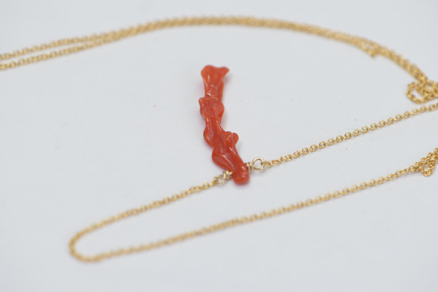 14K Gold Mediterranean Coral Necklace: Red Orange Branch Pendant