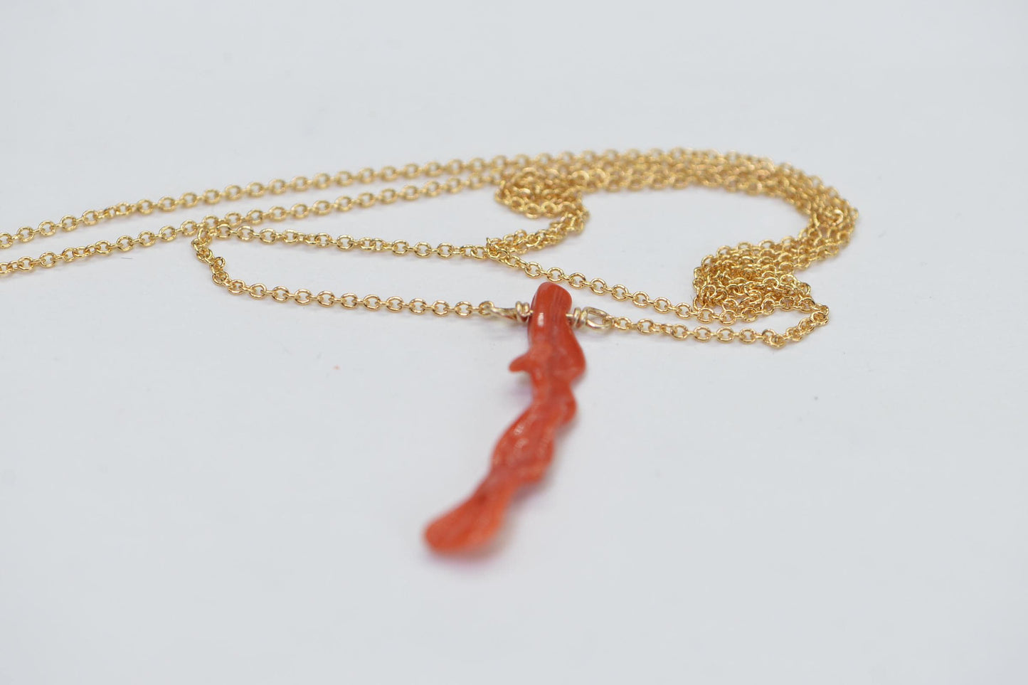 14K Gold Mediterranean Coral Necklace: Red Orange Branch Pendant