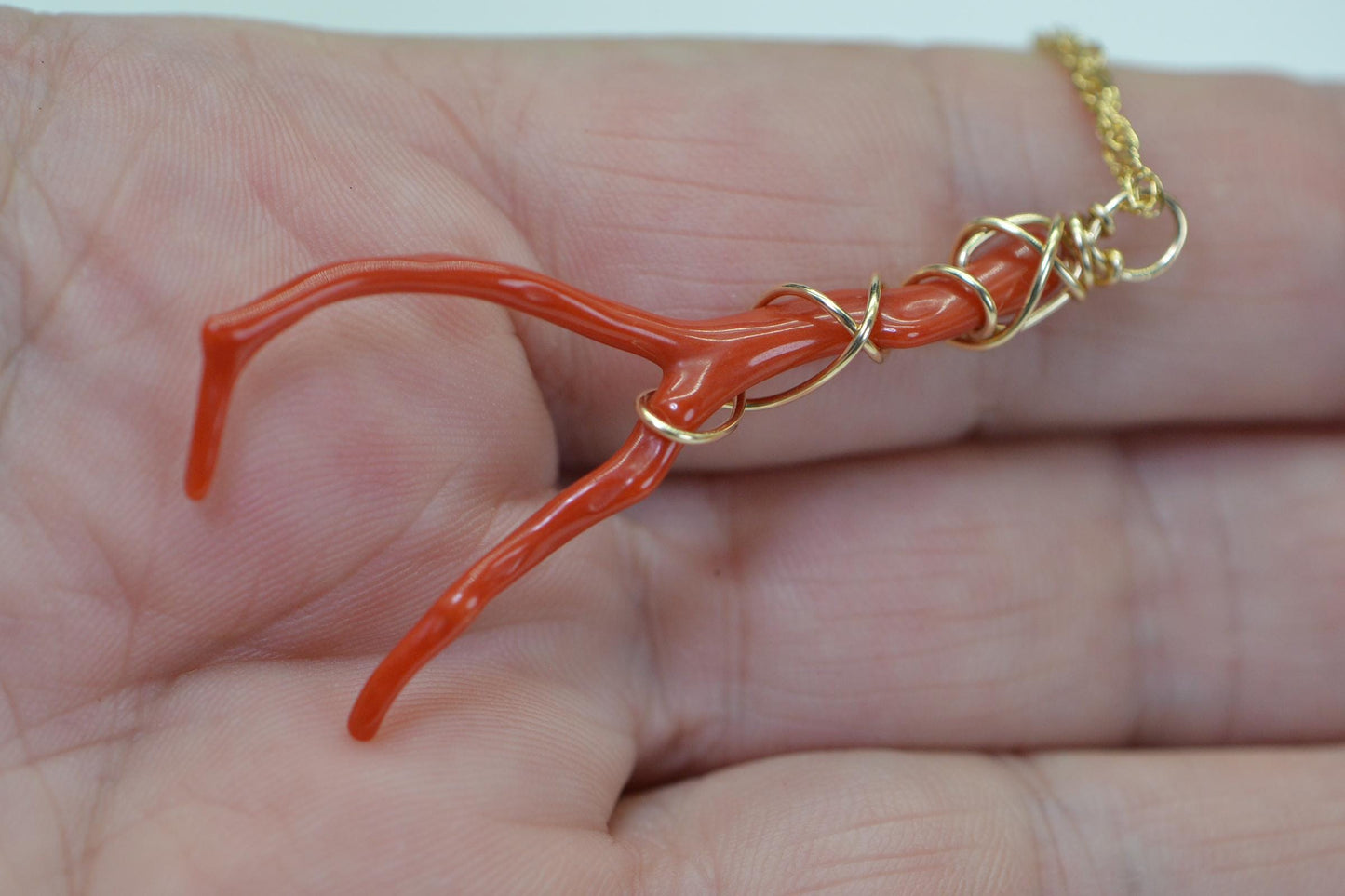 14K Gold Mediterranean Red Coral branch Large Wire Wrap