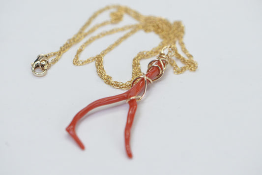 14K Gold Mediterranean Red Coral branch Large Wire Wrap