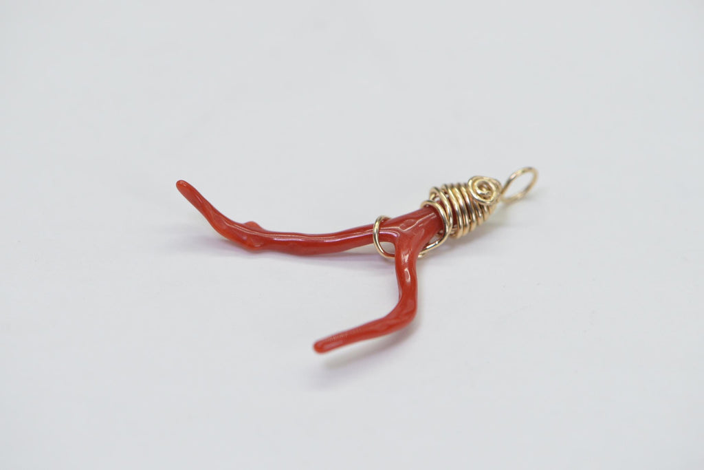 Red Coral Branch Pendant: 14K Gold Filled Wire Wrapped Italian Coral