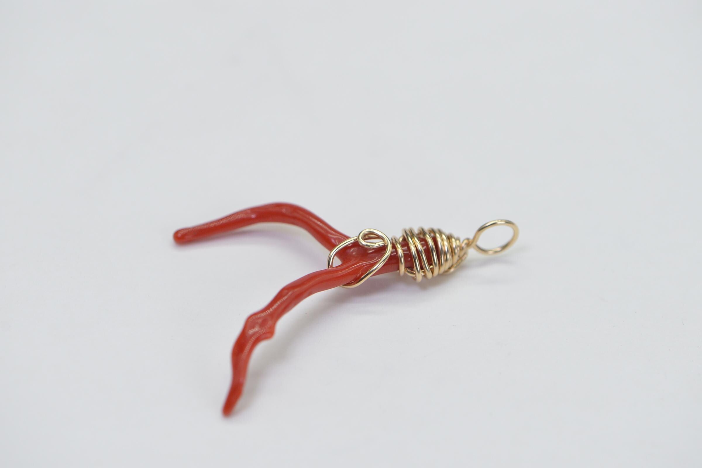 Red Coral Branch Pendant: 14K Gold Filled Wire Wrapped Italian Coral