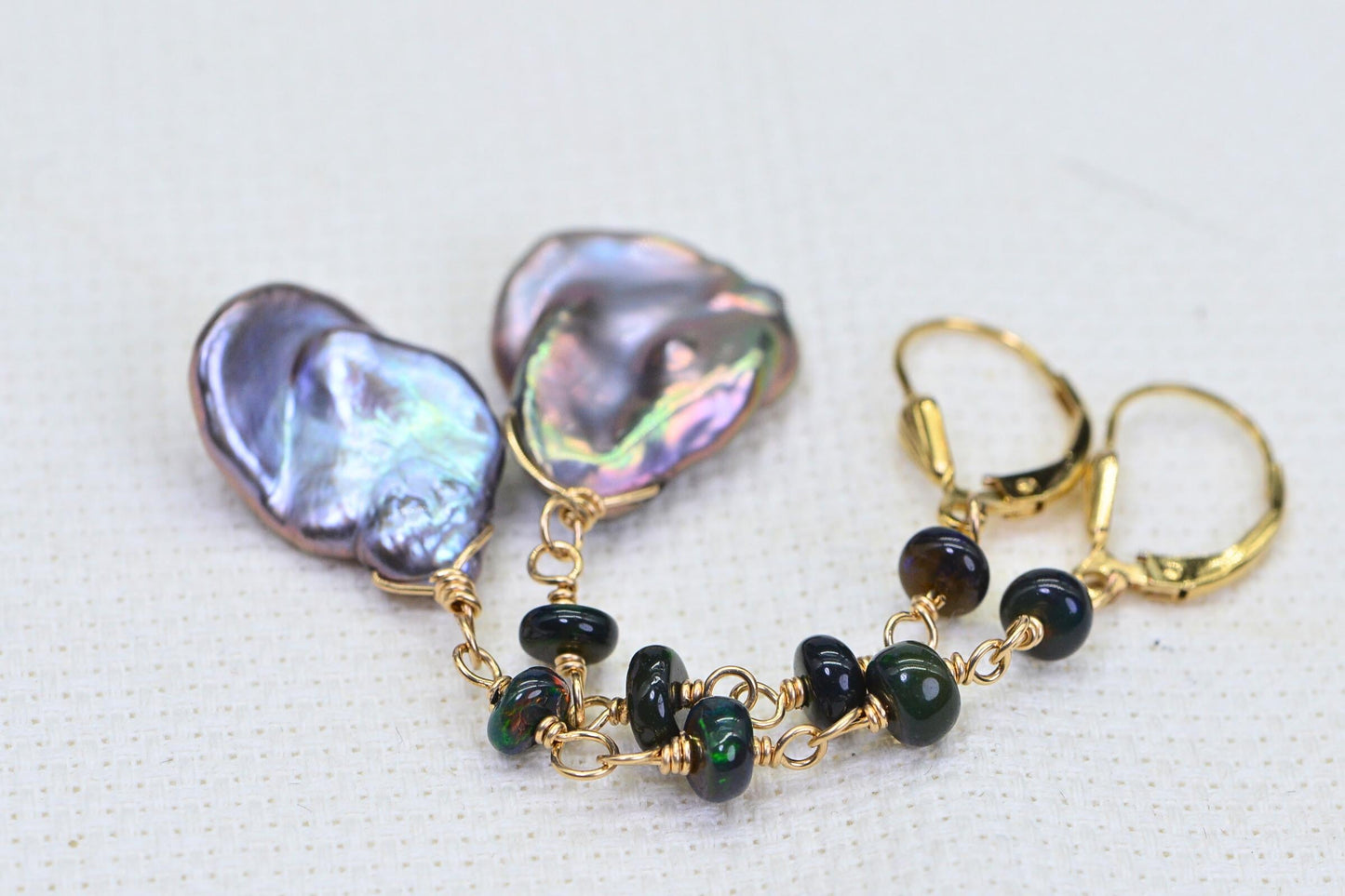 Ethiopian Opal Dangle Earrings, Keishi Pearl, 14K Gold Filled