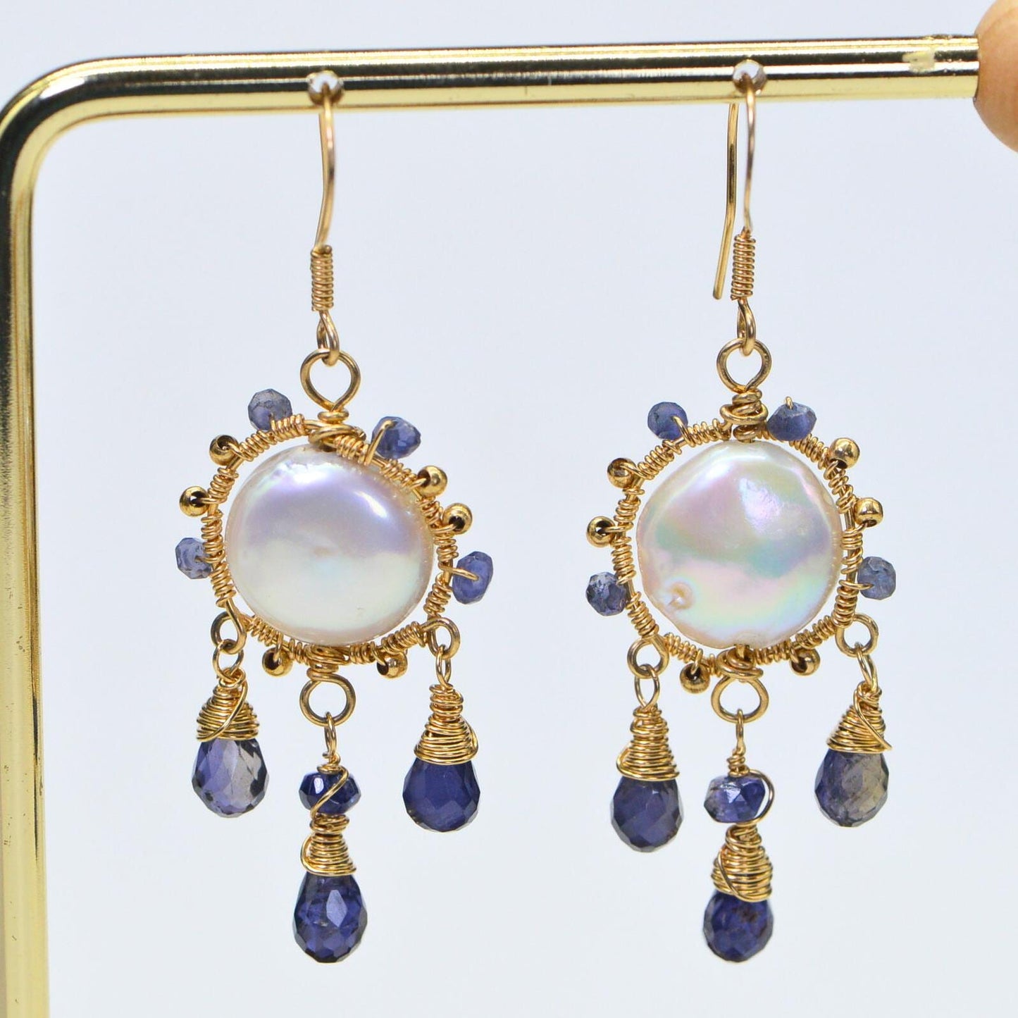Iolite & Pearl Earrings, 14K Gold Filled Wire Wrapped Jewelry