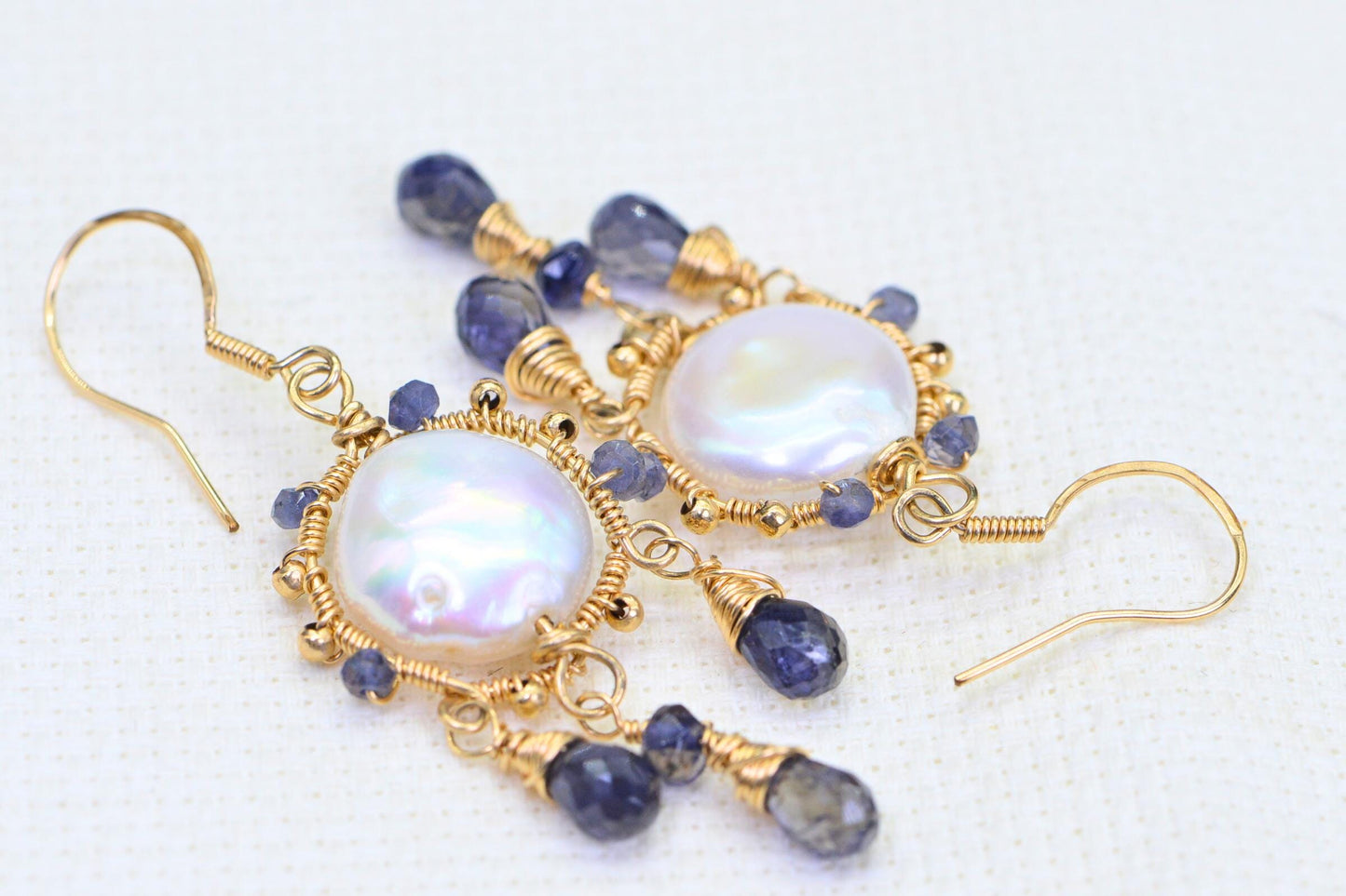 Iolite & Pearl Earrings, 14K Gold Filled Wire Wrapped Jewelry