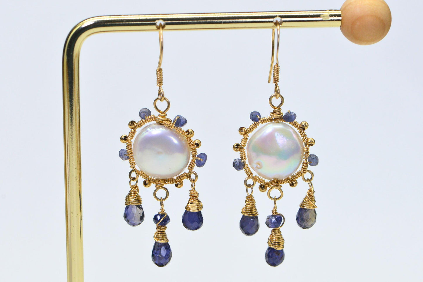 Iolite & Pearl Earrings, 14K Gold Filled Wire Wrapped Jewelry