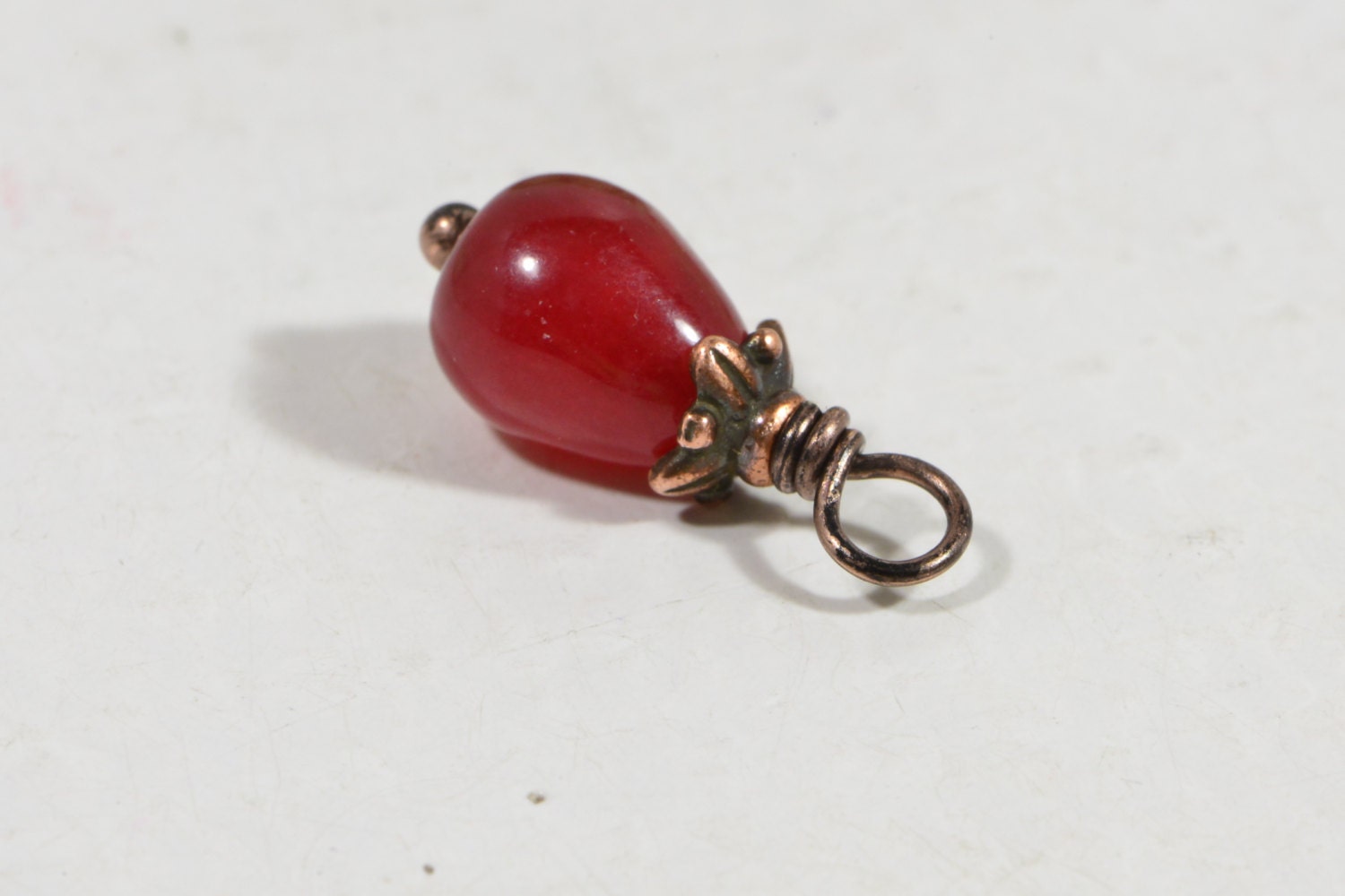 Red Jade Teardrop Pendant: Copper Wire Wrapped Dangle (17x7mm)