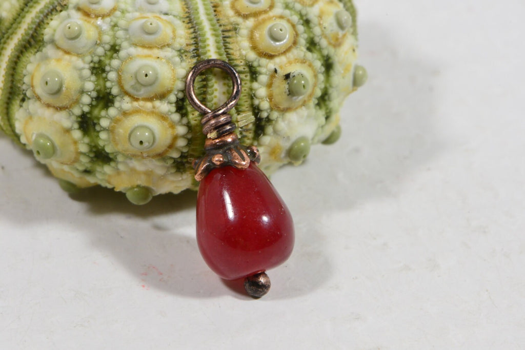 Red Jade Teardrop Pendant: Copper Wire Wrapped Dangle (17x7mm)