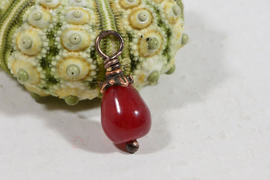 Red Jade Teardrop Pendant: Copper Wire Wrapped Dangle (17x7mm)