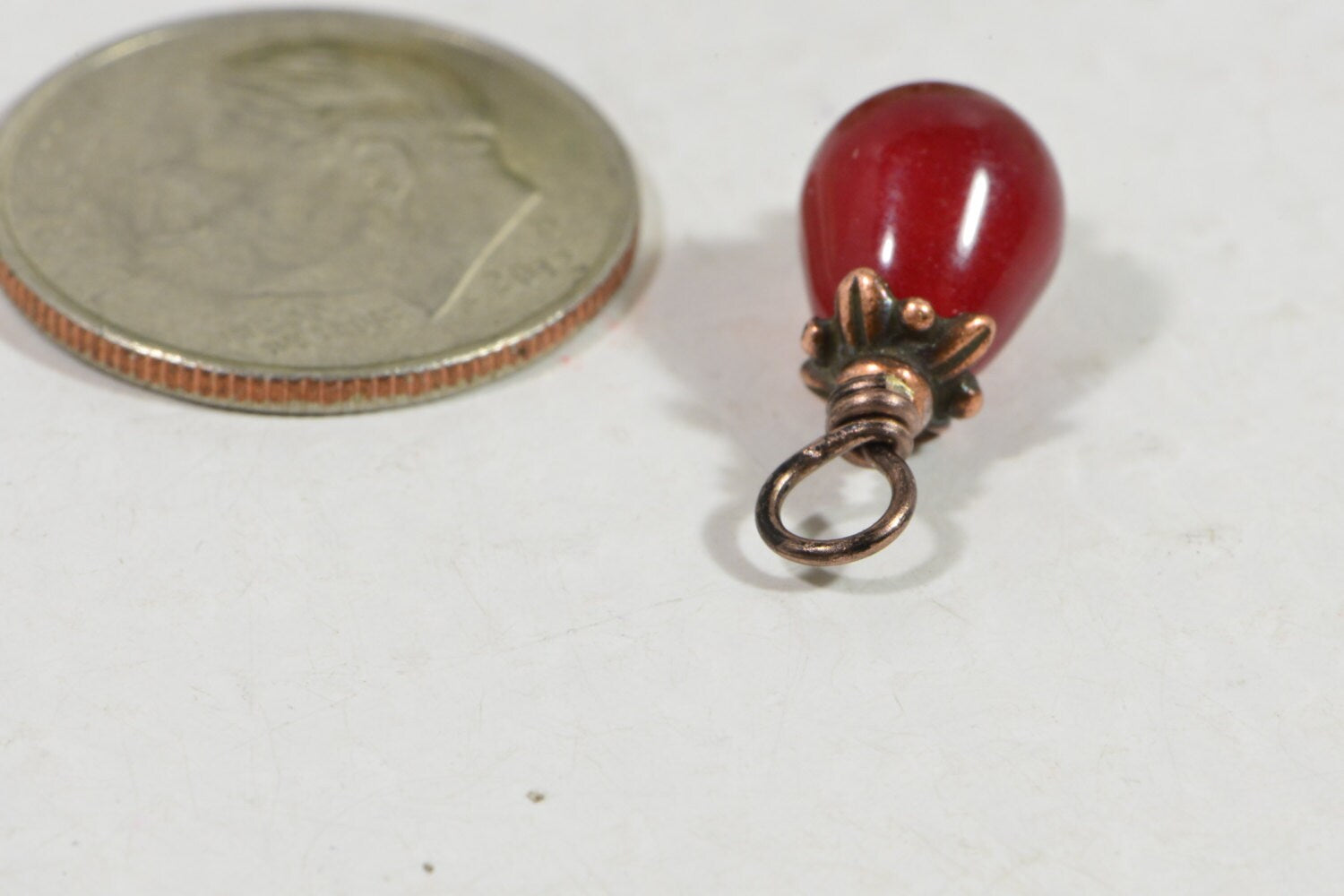 Red Jade Teardrop Pendant: Copper Wire Wrapped Dangle (17x7mm)