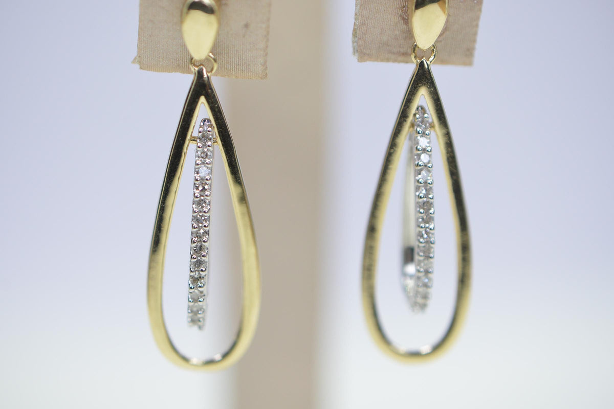 Natural Diamonds 14K Gold Two Color White and Yellow Teardrop Studs Estate Jewelry