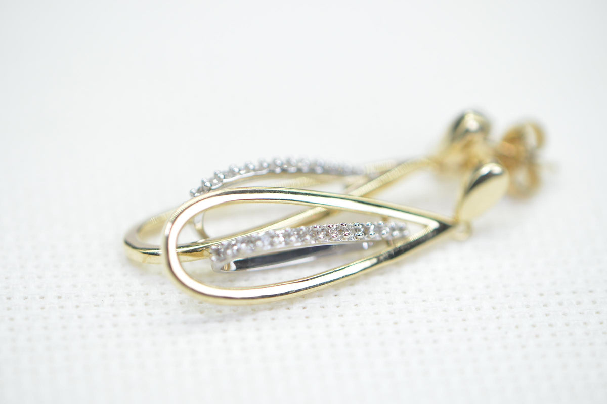 Natural Diamonds 14K Gold Two Color White and Yellow Teardrop Studs Estate Jewelry