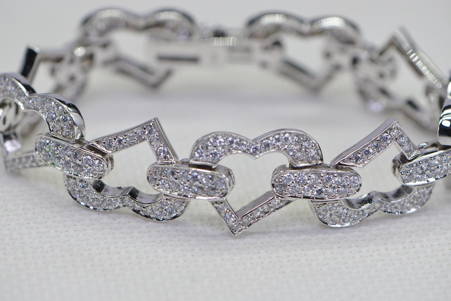 Heart Link Bracelet: Simulated Diamond, 14K White Gold Over Sterling Silver