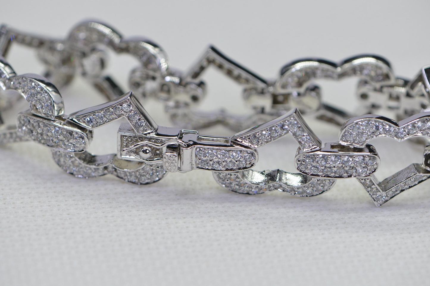 Heart Link Bracelet: Simulated Diamond, 14K White Gold Over Sterling Silver