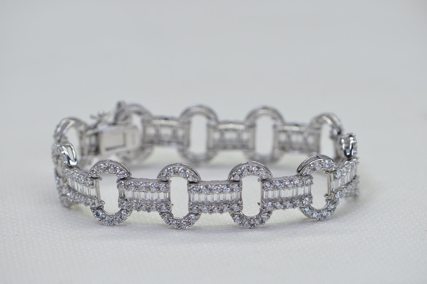Baguette-Cut Cubic Zirconia Tennis Bracelet: 14K White Gold Over Sterling Silver