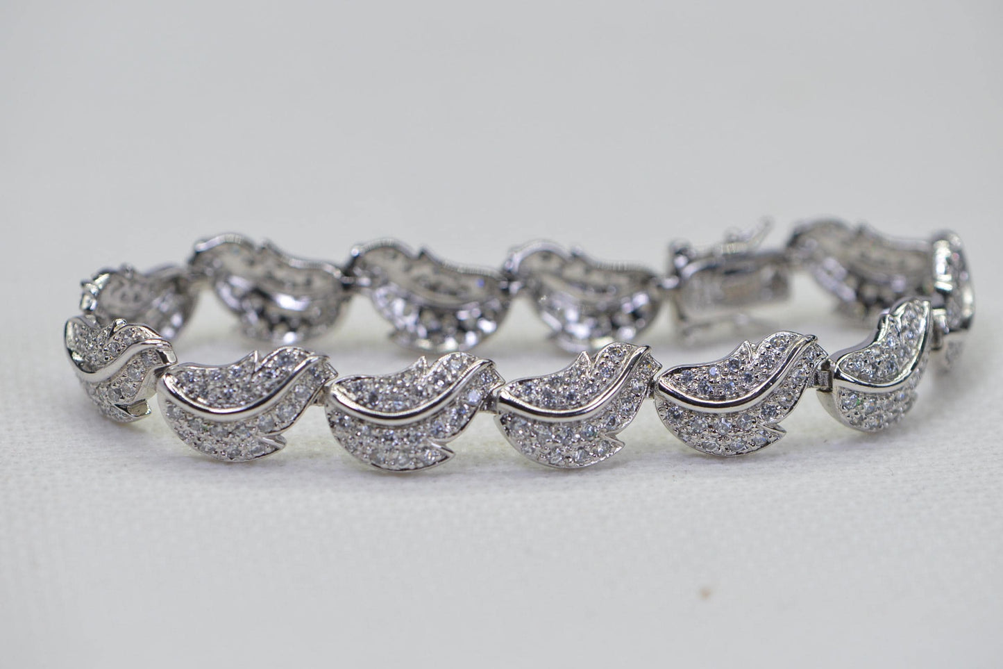 Simulated Diamond Leaf Bracelet: 14K White Gold Over Sterling Silver