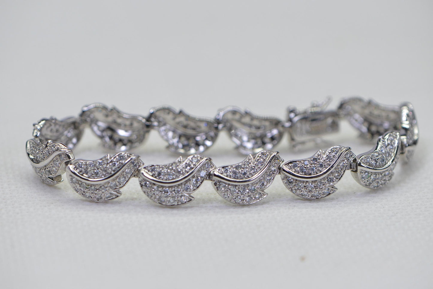 Simulated Diamond Leaf Bracelet: 14K White Gold Over Sterling Silver