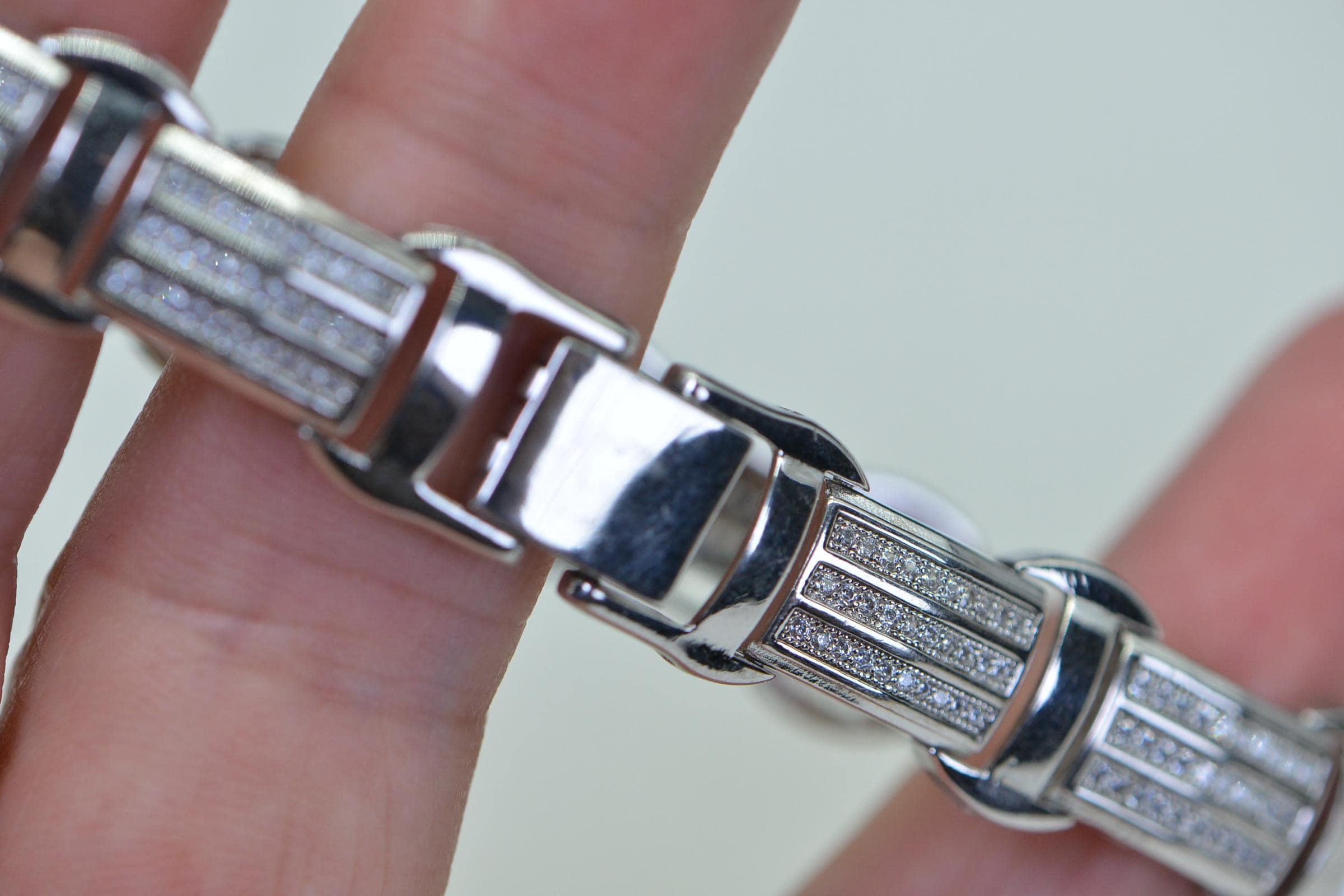 Simulated Diamond 14K White Gold Over Sterling Silver Rectangle Link Heavy Man Bracelet