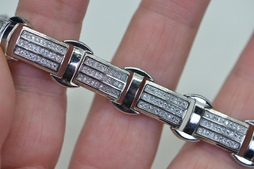 Simulated Diamond 14K White Gold Over Sterling Silver Rectangle Link Heavy Man Bracelet