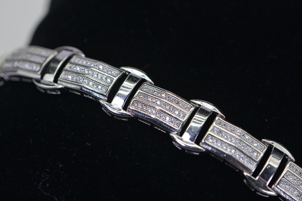Simulated Diamond 14K White Gold Over Sterling Silver Rectangle Link Heavy Man Bracelet