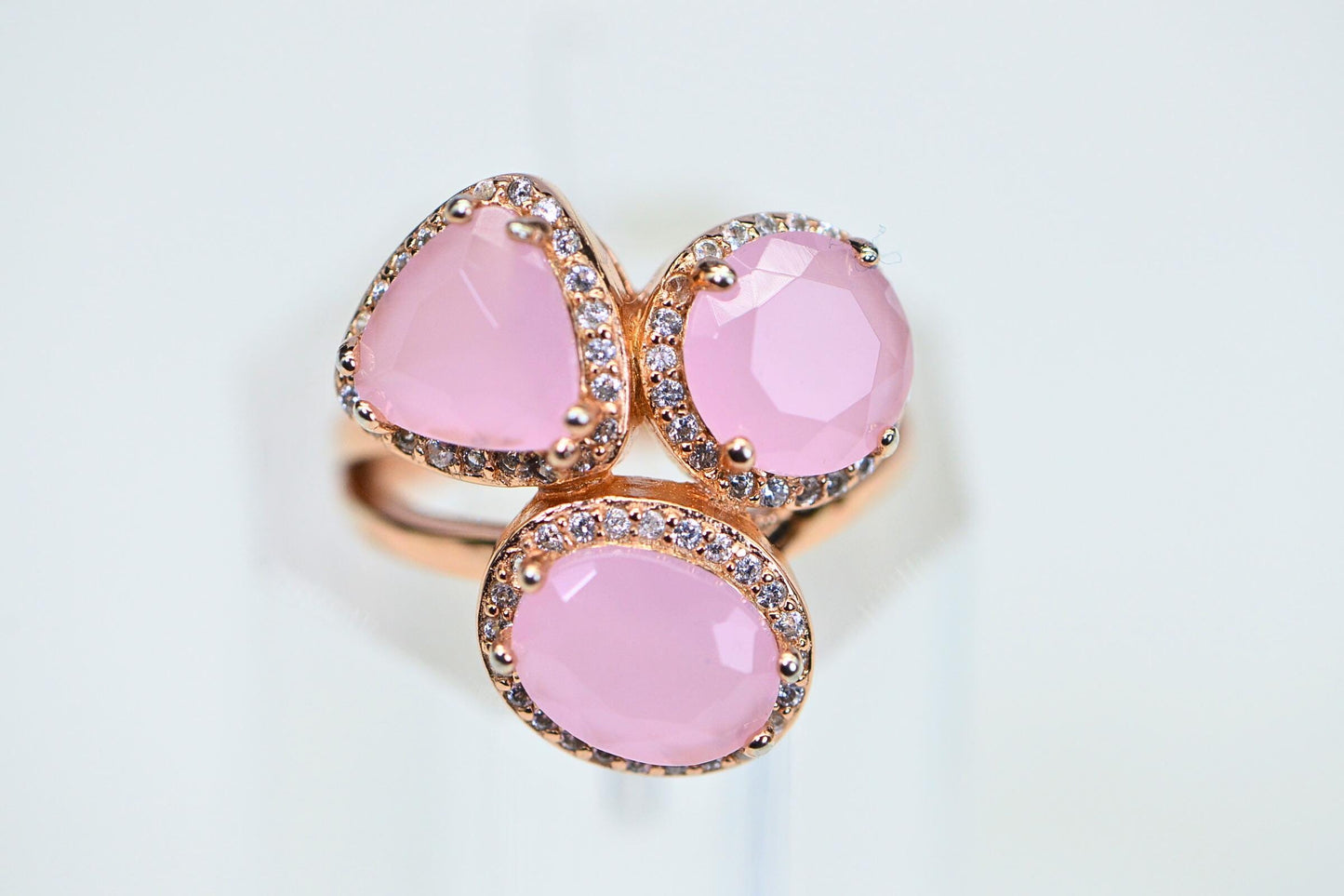 14K Rose Gold Vermeil Natural Rose Quartz Trilogy Design Halo Women Ring