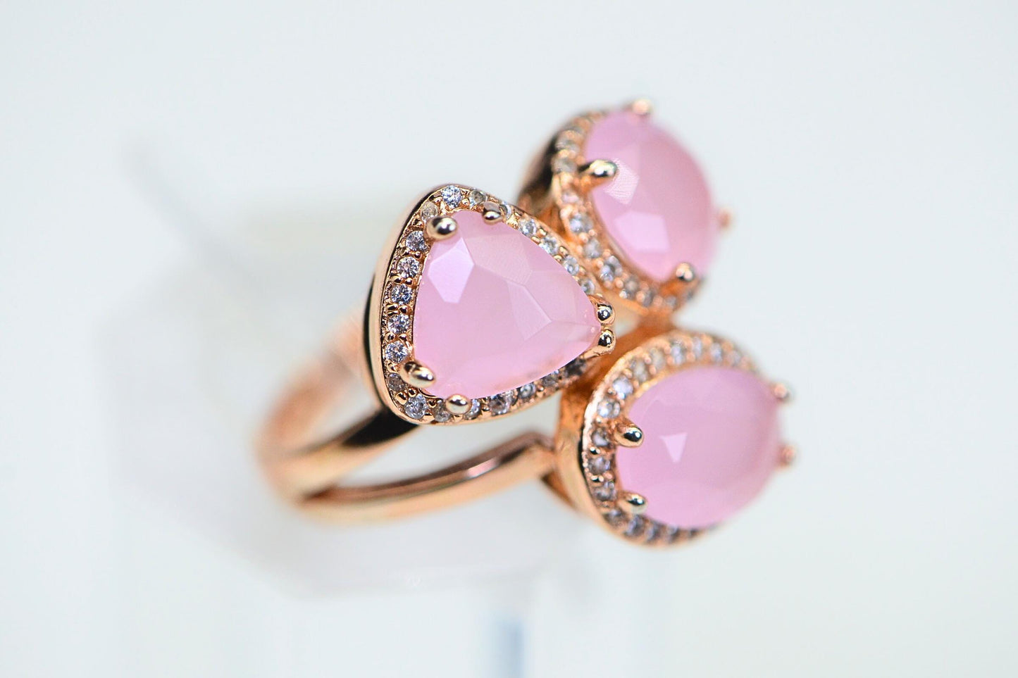 14K Rose Gold Vermeil Natural Rose Quartz Trilogy Design Halo Women Ring