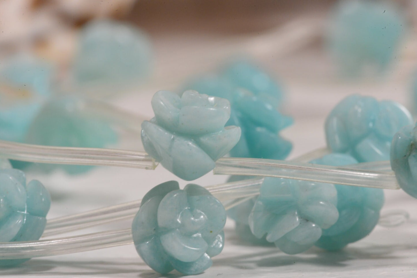 Amazonite Rose Beads: Light Blue Carved Gemstone, 10mm (2 Beads)