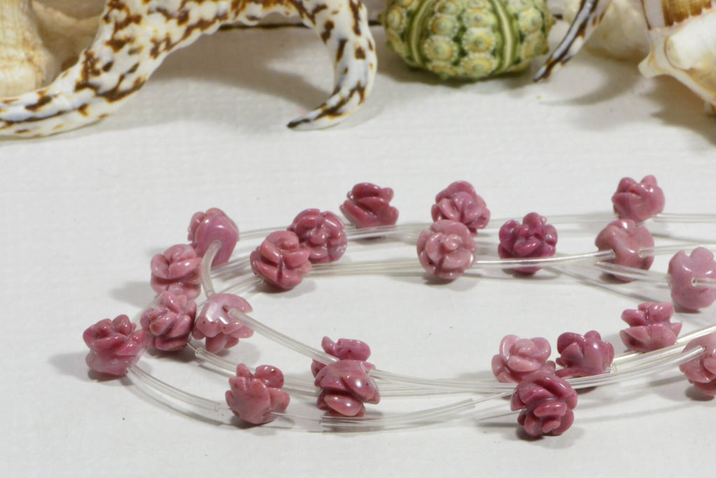 Carved Rhodonite Rose Bead: 10mm Gemstone Beads (2 Pack)
