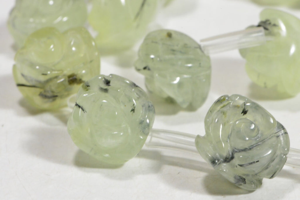 Prehnite Rose Carved Beads: 10mm Gemstone Flower, Jewelry Making (6 Beads)