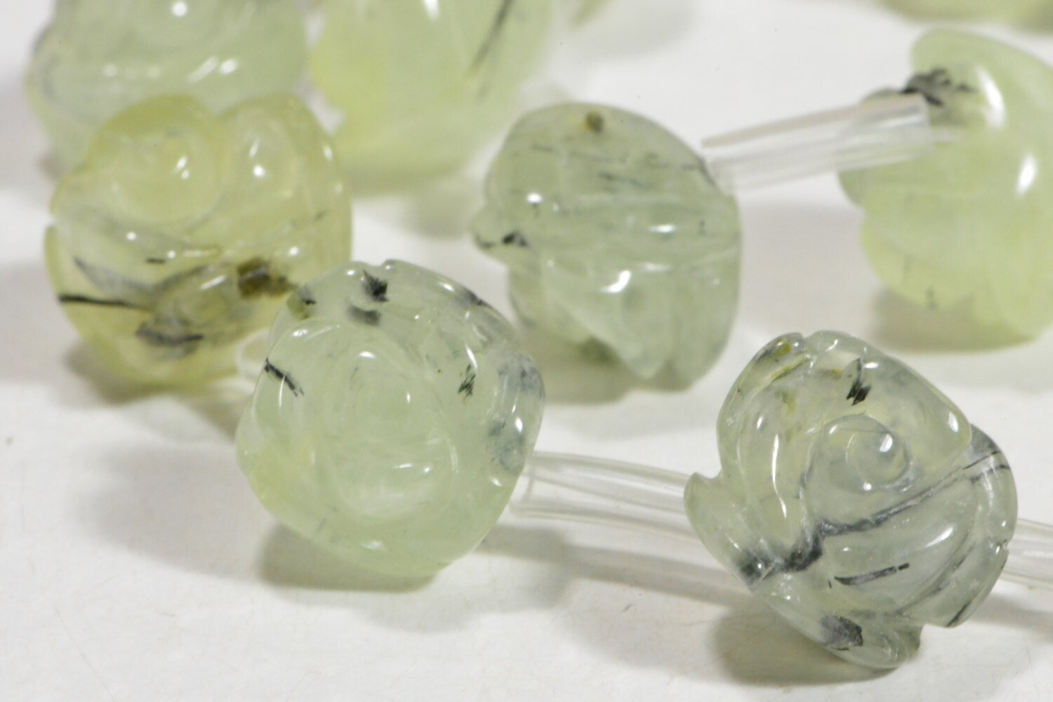 Prehnite Rose Carved Beads: 10mm Gemstone Flower, Jewelry Making (6 Beads)