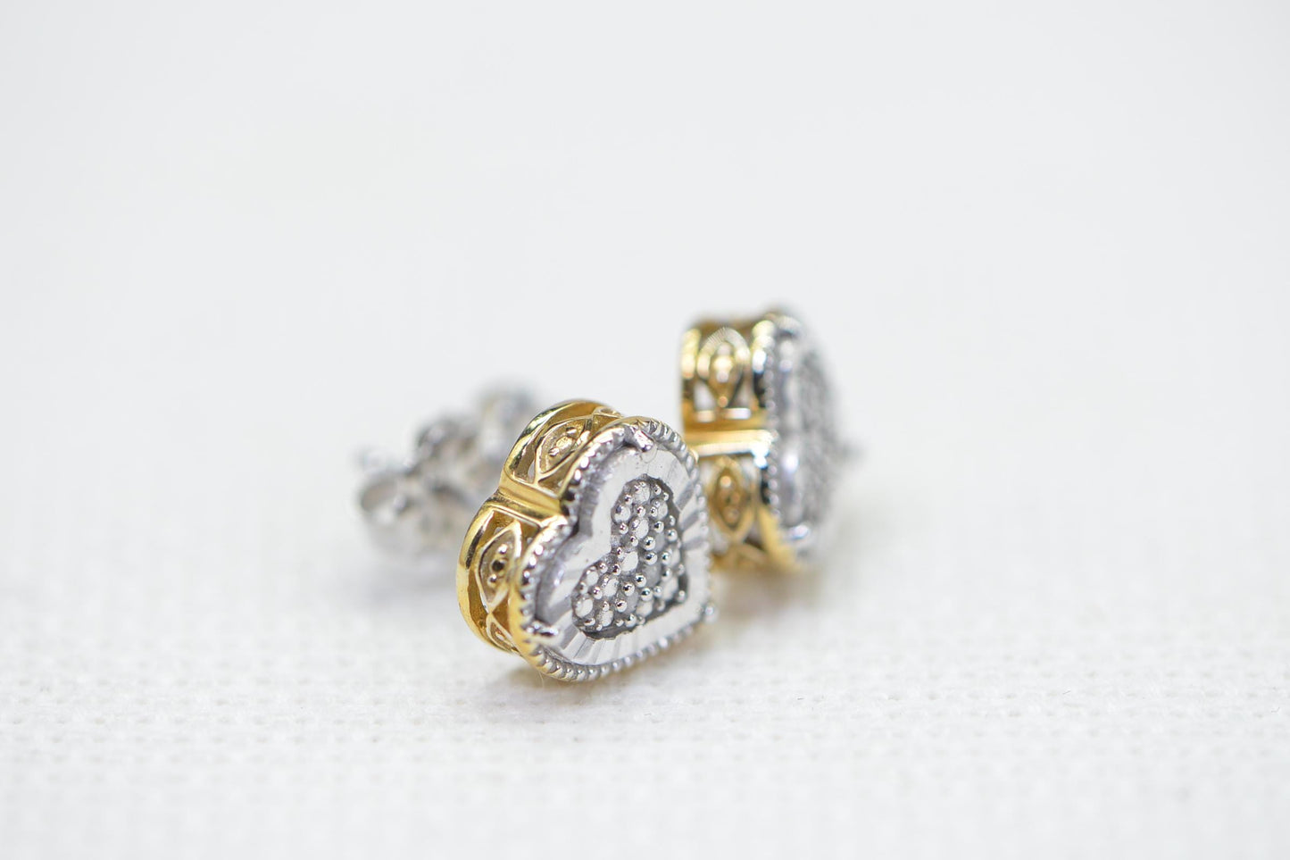 Diamond Heart Stud Earrings: 14K Gold Vermeil Lace, Vintage Style