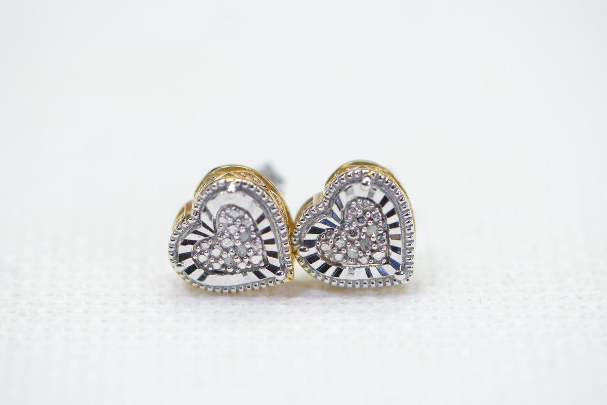 Two-Tone Diamond Heart Stud Earrings: Sterling Silver Vermeil Filigree