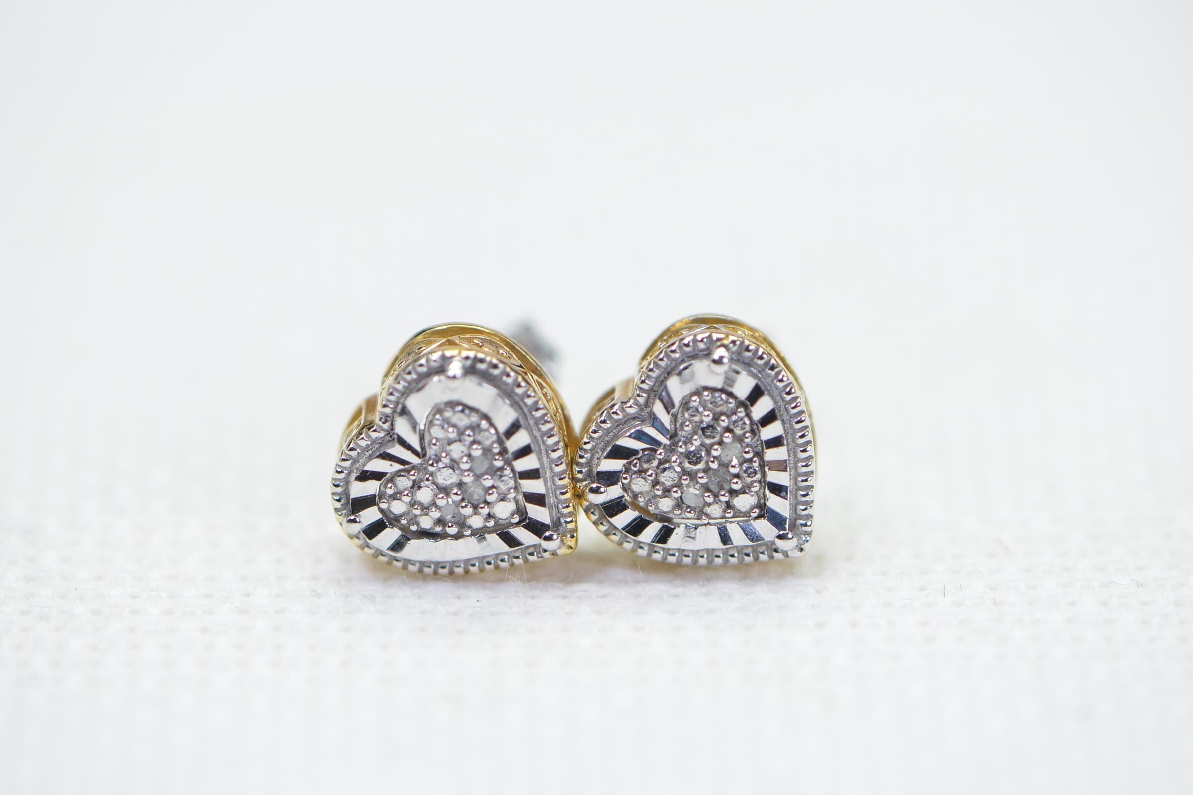 Two-Tone Diamond Heart Stud Earrings: Sterling Silver Vermeil Filigree