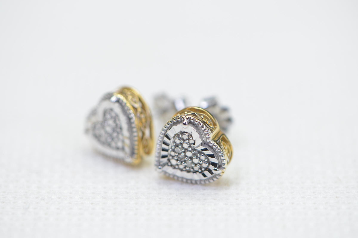 Two-Tone Diamond Heart Stud Earrings: Sterling Silver Vermeil Filigree