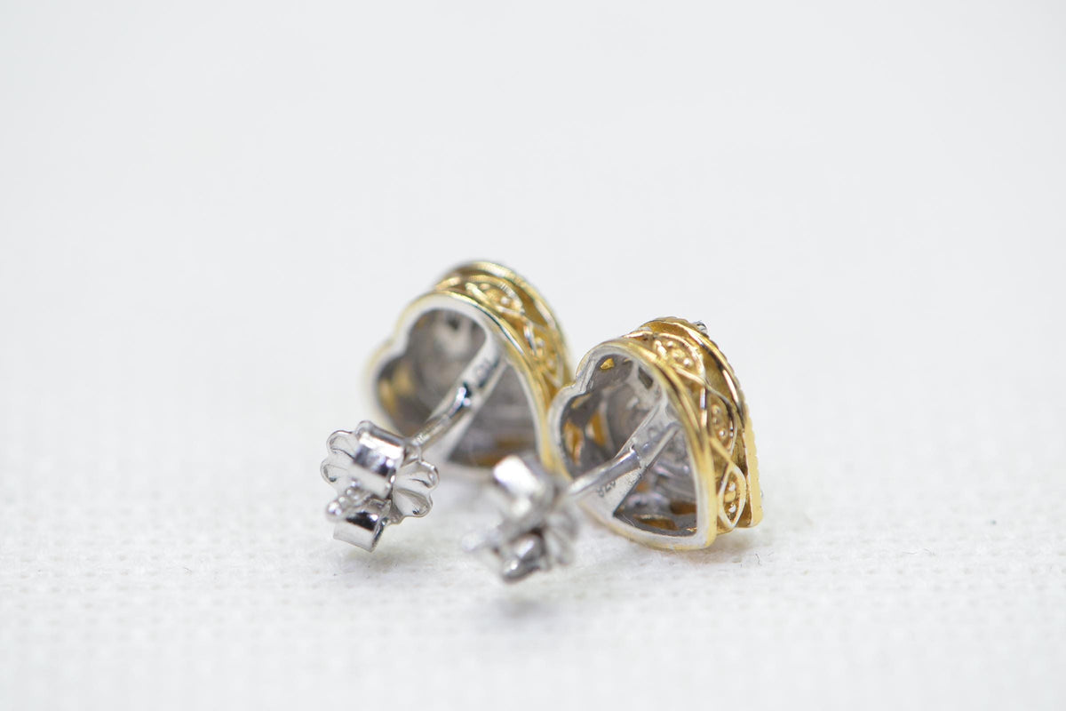 Two-Tone Diamond Heart Stud Earrings: Sterling Silver Vermeil Filigree