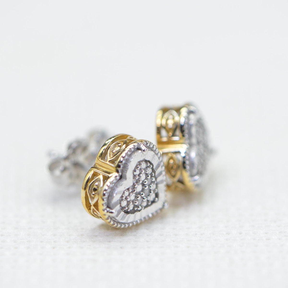 Two-Tone Diamond Heart Stud Earrings: Sterling Silver Vermeil Filigree