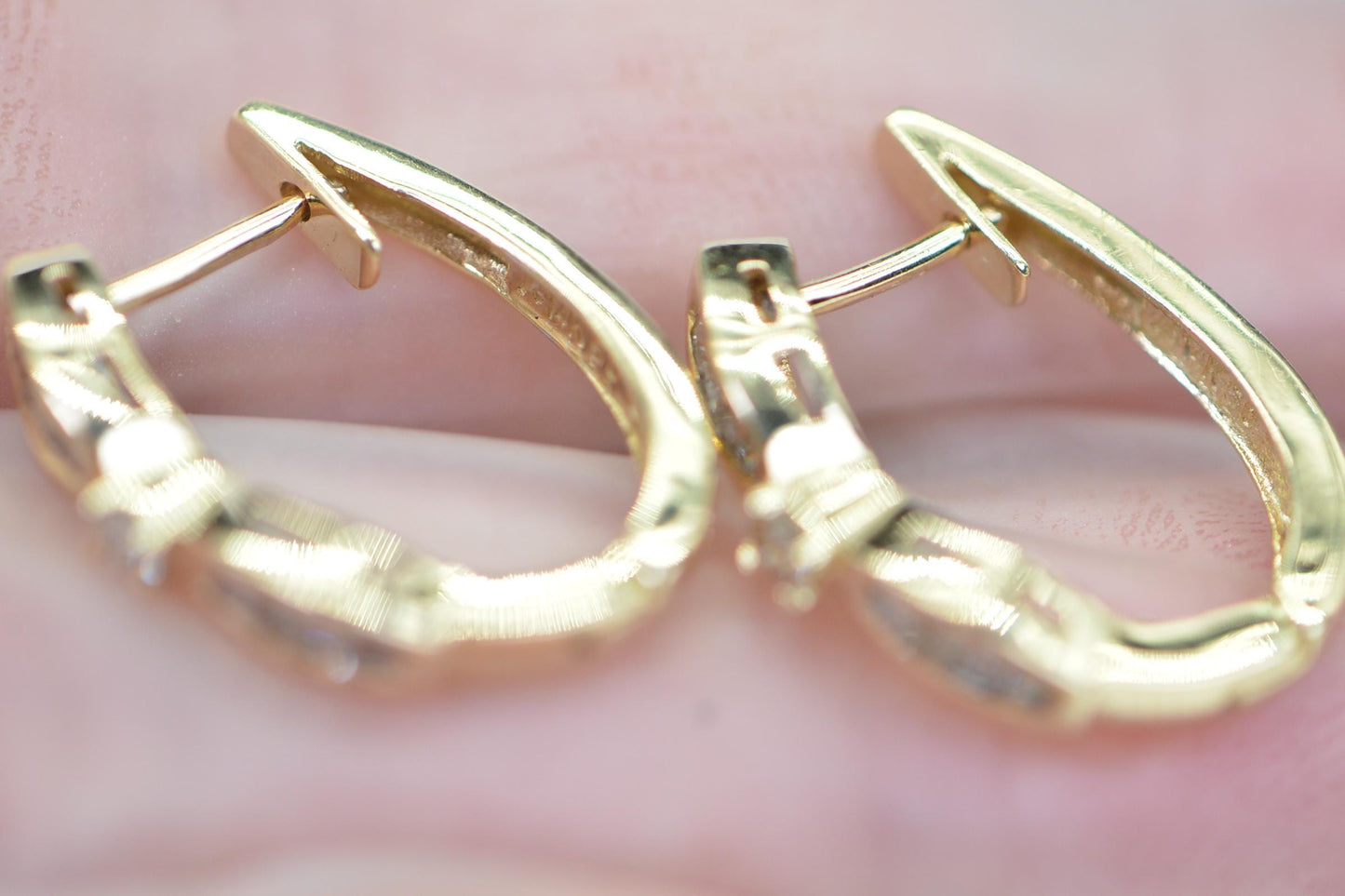 14K Yellow Gold Baguette and Round Diamond  Earrings English Lock Closure