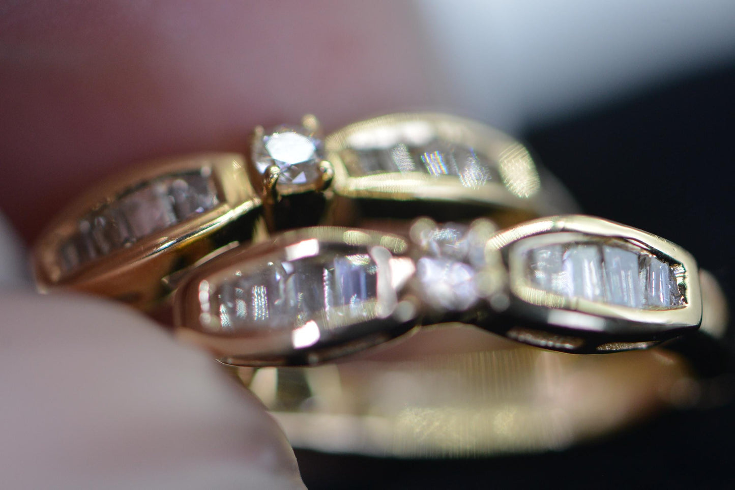 14K Yellow Gold Baguette and Round Diamond  Earrings English Lock Closure