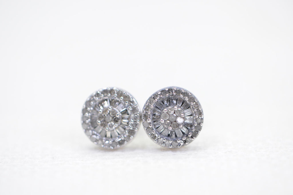 Natural Diamond Halo Stud Earrings: Sterling Silver Vintage Style