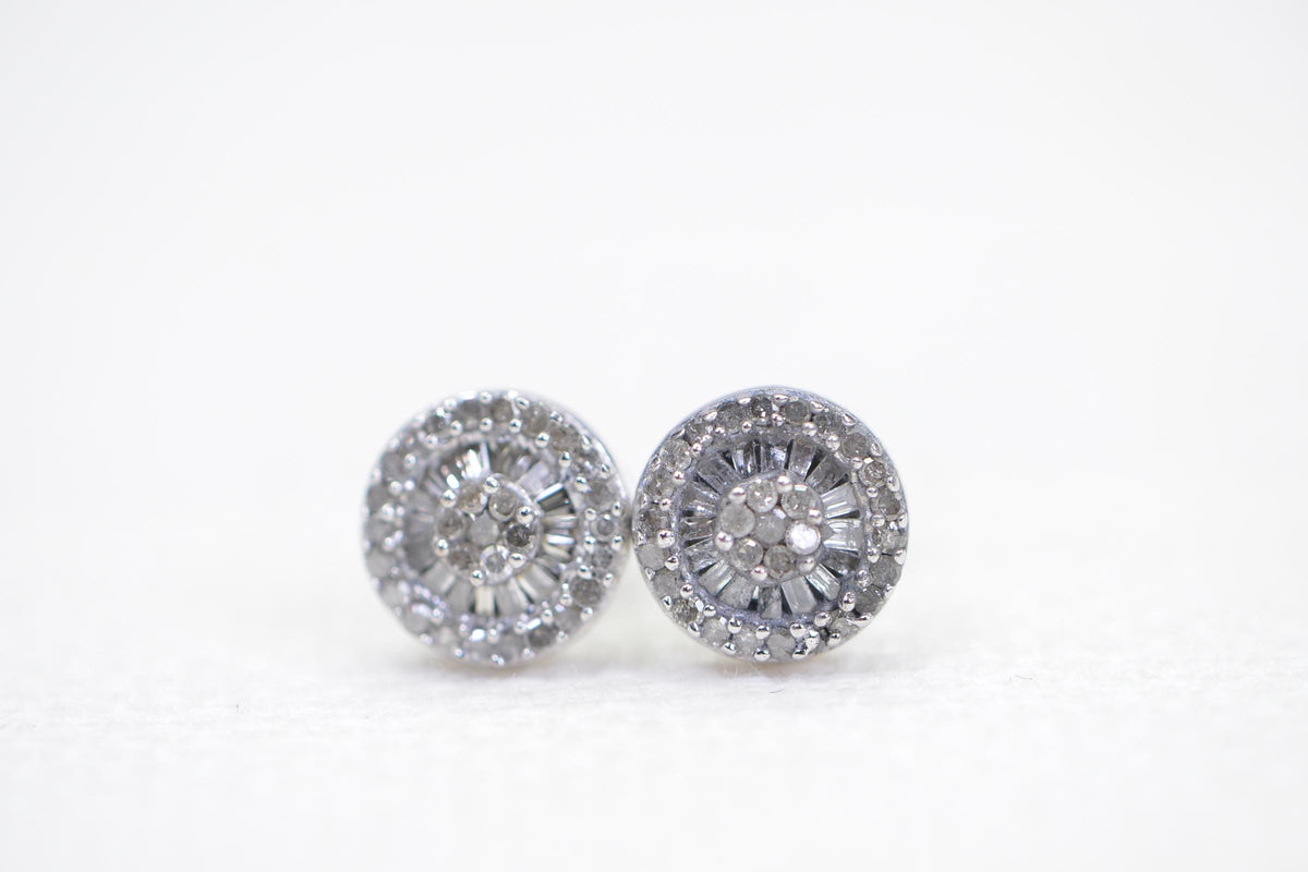 Natural Diamond Halo Stud Earrings: Sterling Silver Vintage Style