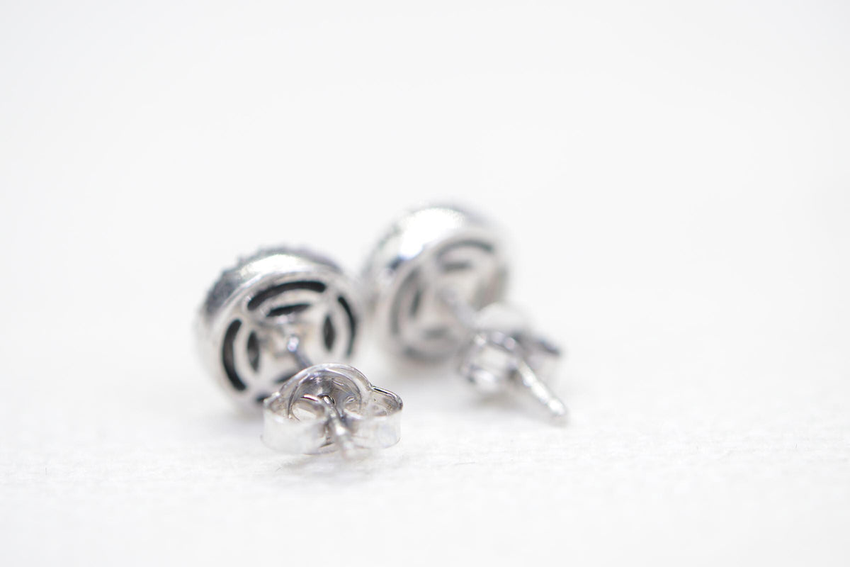 Natural Diamond Halo Stud Earrings: Sterling Silver Vintage Style
