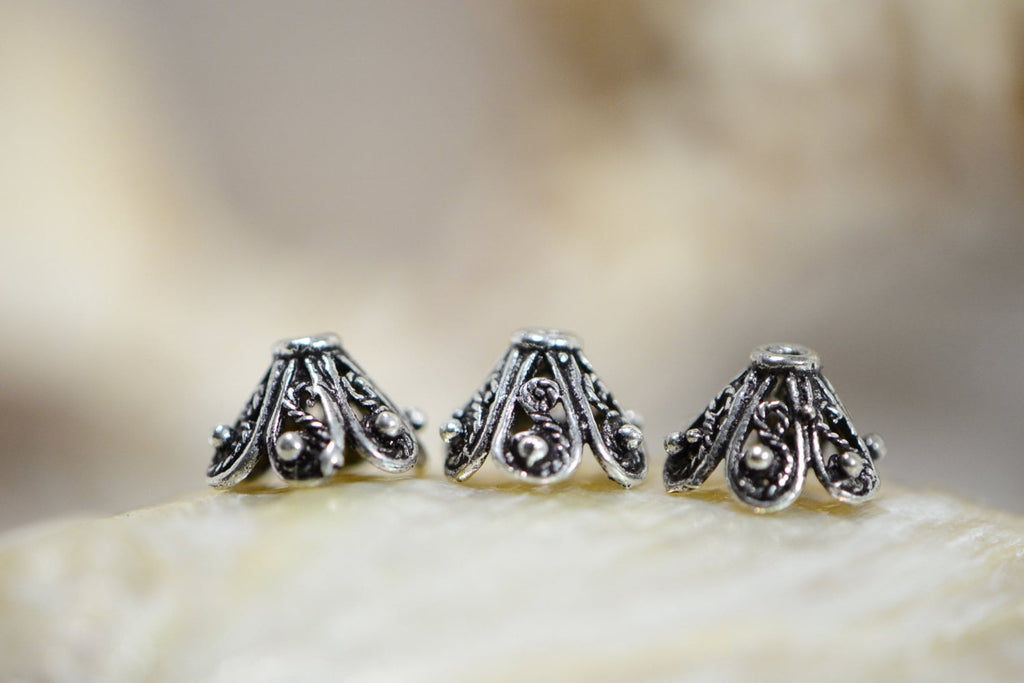 Sterling Silver Bead Caps: Antique Cone Filigree (7-8mm, 2pcs)