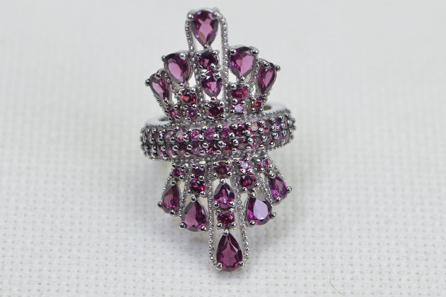 Rhodolite Garnet Floral Cocktail Ring: 14K White Gold Vermeil Sterling Silver