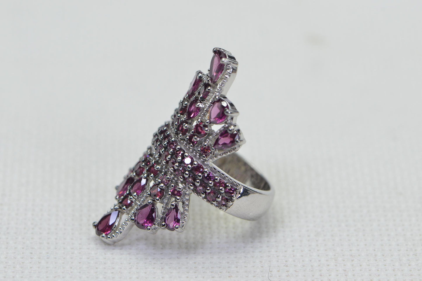 Rhodolite Garnet Floral Cocktail Ring: 14K White Gold Vermeil Sterling Silver